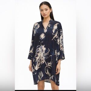 Eskander NWOT 100% Silk Caftan Tunic Dress Navy Floral Size Small